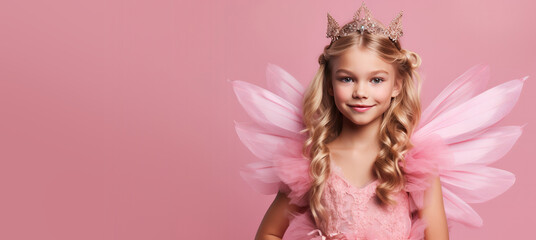 Cute Young Girl Dressed as a Fairy Princess for Halloween on an Pink Banner with Space for Copy
