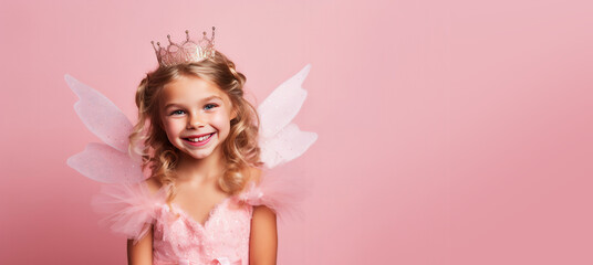 Obraz na płótnie Canvas Cute Young Girl Dressed as a Fairy Princess for Halloween on an Pink Banner with Space for Copy