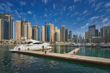 Fototapeta premium United Arab Emirates, Dubai Marina skyline cityscape from the bay.