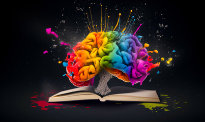 Opened book with brain consisting of bright paints. Knowledge and intelligence development of reading concept. Black backdrop. Generative AI.