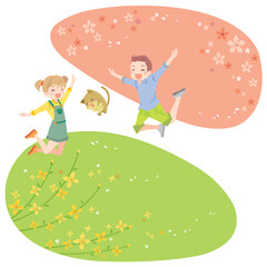 A cute couple jumping with a cat in the petal-fluttering sky