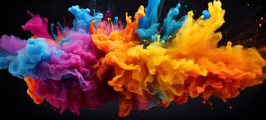 Abstract texture of exploding powder colorful multicolored rainbow color, isolated on black background (Generative Ai)