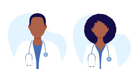 Fototapeta premium Set of vector illustrations of a woman and a man doctor. Health care concept. Vector illustration in flat style.