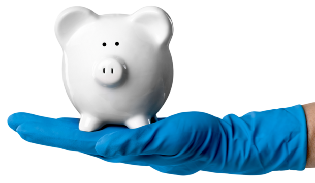 Doctor hand in medical gloves with the piggy bank