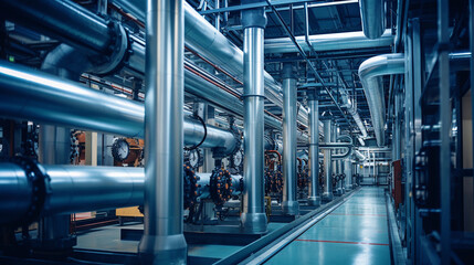 Industrial area. Steel pipelines valves and pumps in huge factory building