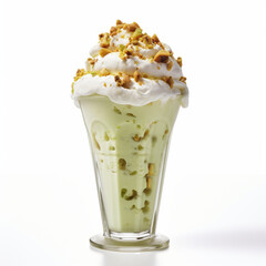 Illustration, AI generation. Delicious creamy pistachio shake with vanilla ice cream.