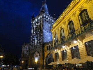 Fototapeta na wymiar Night view of Historical buildings of Prague (Powder gate tower and Municipal Hall)