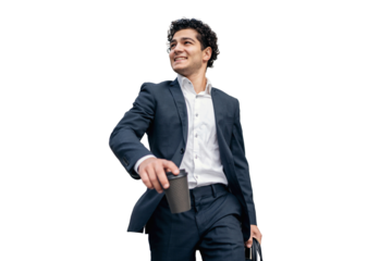 A successful young entrepreneur in a business suit, thinking about good prospects in a startup. Transparent background, png.