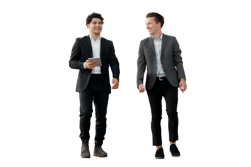 Meeting in the office full-length two colleagues partners young entrepreneurs, office staff in a man's suit assistant sales manager. Transparent background, png.