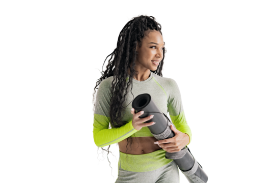 Fitness instructor trainer a woman in a stylish workout tracksuit holds a yoga mat. Transparent background, png.