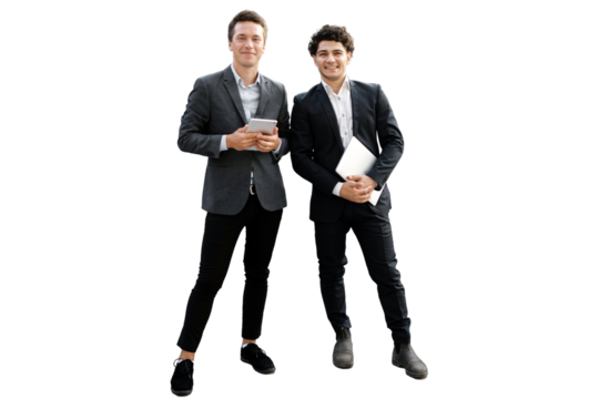 full-length two colleagues partners young entrepreneurs, office employees in a man's suit assistant sales manager. Transparent background, png.