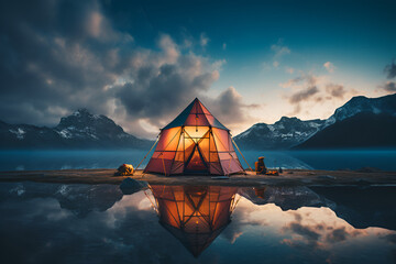 tent in the mountains at dusk