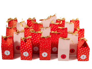 Festive Christmas calendar. Holiday gift bags. Holiday concept.