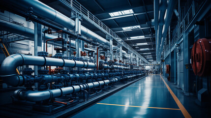 Industrial area. Steel pipelines valves and pumps in huge factory building