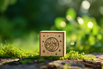 Fototapeta premium Environment icon on a wood block in green nature background..save the earth the clean planet, ecology concept with copy space and world environment day concept