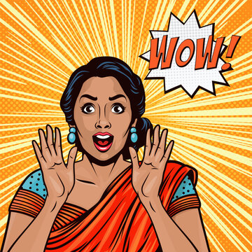 Vector Banner with Indian Surprised Woman Holding Hands, Arms, Palms Near Her Cheeks in Pop Art Comic Style. Advertising Poster for Sale, Discount Placard, Flyer Card. Beautiful Surprised Woman