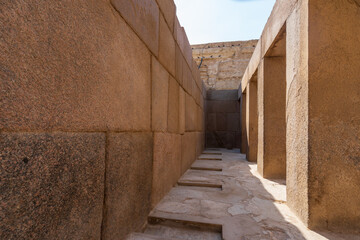 The valley temple of Khafre at the Giza pyramid complex in Cairo, Egypt.  Tavel and history.
