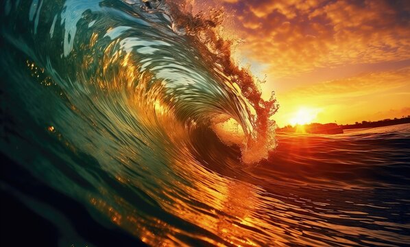 Surfing ocean wave at beautiful sunset. 3d render illustration © lebanmax