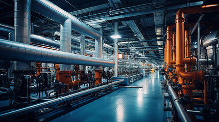 Fototapeta premium Industrial area. Steel pipelines valves and pumps in huge factory building