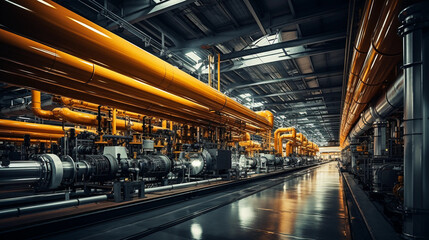 Fototapeta premium Industrial area. Steel pipelines valves and pumps in huge factory building