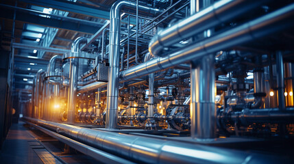 Fototapeta na wymiar Industrial area. Steel pipelines valves and pumps in huge factory building