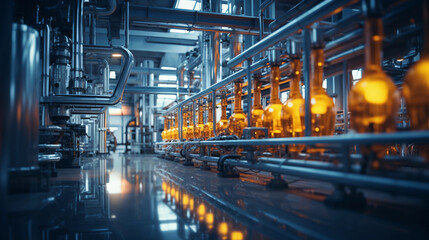 Obraz premium Industrial area. Steel pipelines valves and pumps in huge factory building