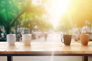 Obraz premium Illustration of three coffee cups on a rustic wooden table