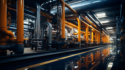 Industrial area. Steel pipelines valves and pumps in huge factory building