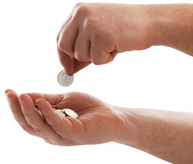 Men hand giving money to poor or homeless people poverty beggar. A sign for help