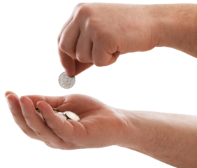 Men hand giving money to poor or homeless people poverty beggar. A sign for help