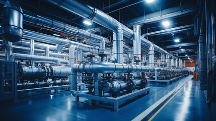 Industrial area. Steel pipelines valves and pumps in huge factory building