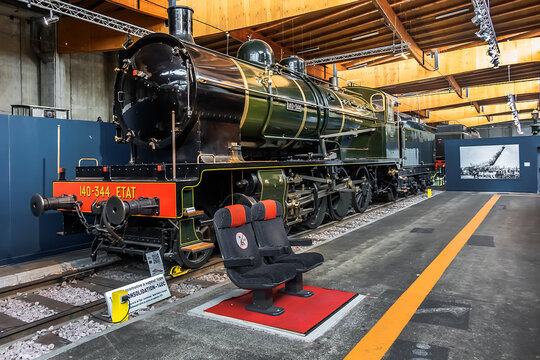 City of the Train or Train City (Cite du Train) - one of ten largest (50,000 sqm) railway museums in the world: museum showcase thousands of railway objects. Mulhouse, France. October 29, 2020.