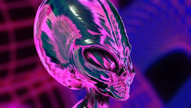 Seamless loopable animation of a metal alien head spinning