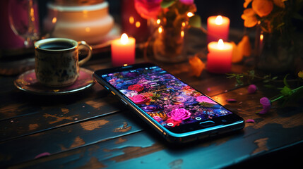 smartphone on the table with colorful wallpaper, created with Generative AI