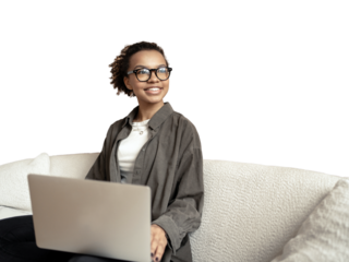 A laptop is used by a woman on a sofa coworking space, a smart man is a confident woman in business clothes going to work in a new office. Transparent background, png.