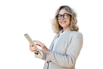 A smart person uses a tablet, a confident woman in business clothes going to work in a new office. Transparent background, png.