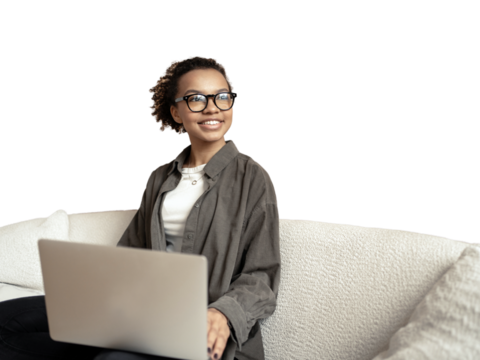 A laptop is used by a woman on a sofa coworking space, a smart man is a confident woman in business clothes going to work in a new office. Transparent background, png.