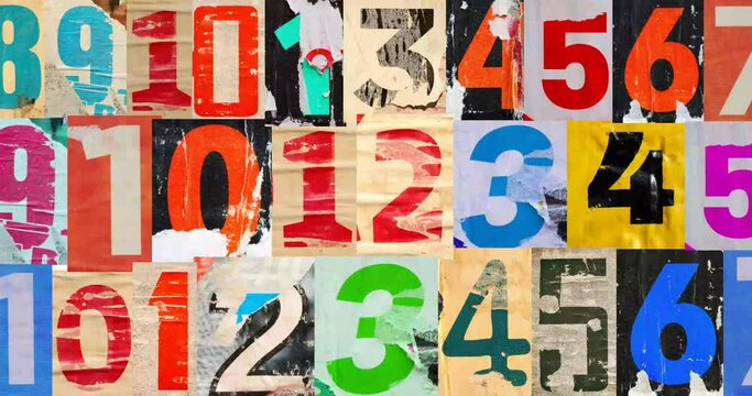 Old colorful posters of numbers ripped torn crumpled paper abstract grunge texture wall backdrop placard surface, Seamless loop collage urban street posters slideshow background