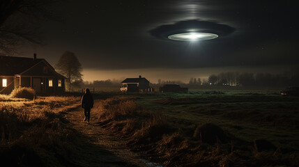 Fototapeta premium A UFO over a farm, created with Generative AI