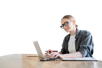 Financier employee works remotely, uses a laptop female assistant workplace office. Transparent background, png.