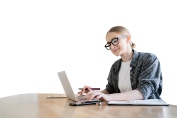 Financier employee works remotely, uses a laptop female assistant workplace office. Transparent background, png.