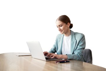 A freelancer employee works remotely, uses a laptop woman workplace office. Transparent background, png.