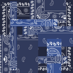 Blue bandana kerchief paisley fabric patchwork abstract vector seamless pattern