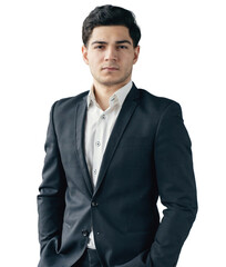 Portrait of a confident happy young man in business clothes, serious looking at the camera. Transparent background, png.
