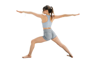 Yoga asana trainer a woman confident in fitness clothes stands and looks away. Transparent...