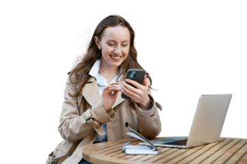 A freelancer woman prints a message uses a phone and a laptop works online, smart people. Transparent background, png.