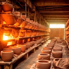 a pottery kiln, making a decorative set of plates for food on an open fire. Eco-friendly ceramic dishes. Generative AI
