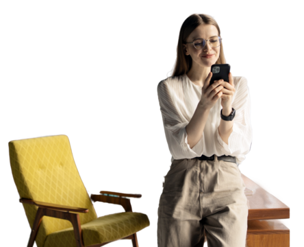 A female employee with glasses, a company manager responds to a message using a phone internet online social network. Transparent background, png. - Powered by Adobe