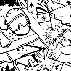 Pattern with snowboarding items. Winter sport illustration.