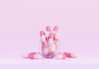 Cute Pink Medicine Pills. Small pills capsule. 3D Rendering. Pharmacy and Healthcare concept. Drugs awareness.